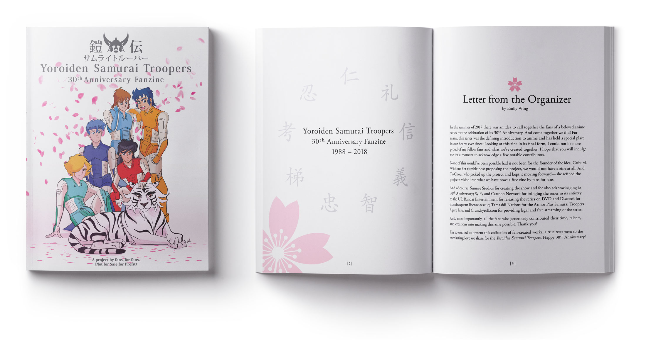 mockup of the letter-sized, perfect-bound full color fanzine's cover and sample inner pages